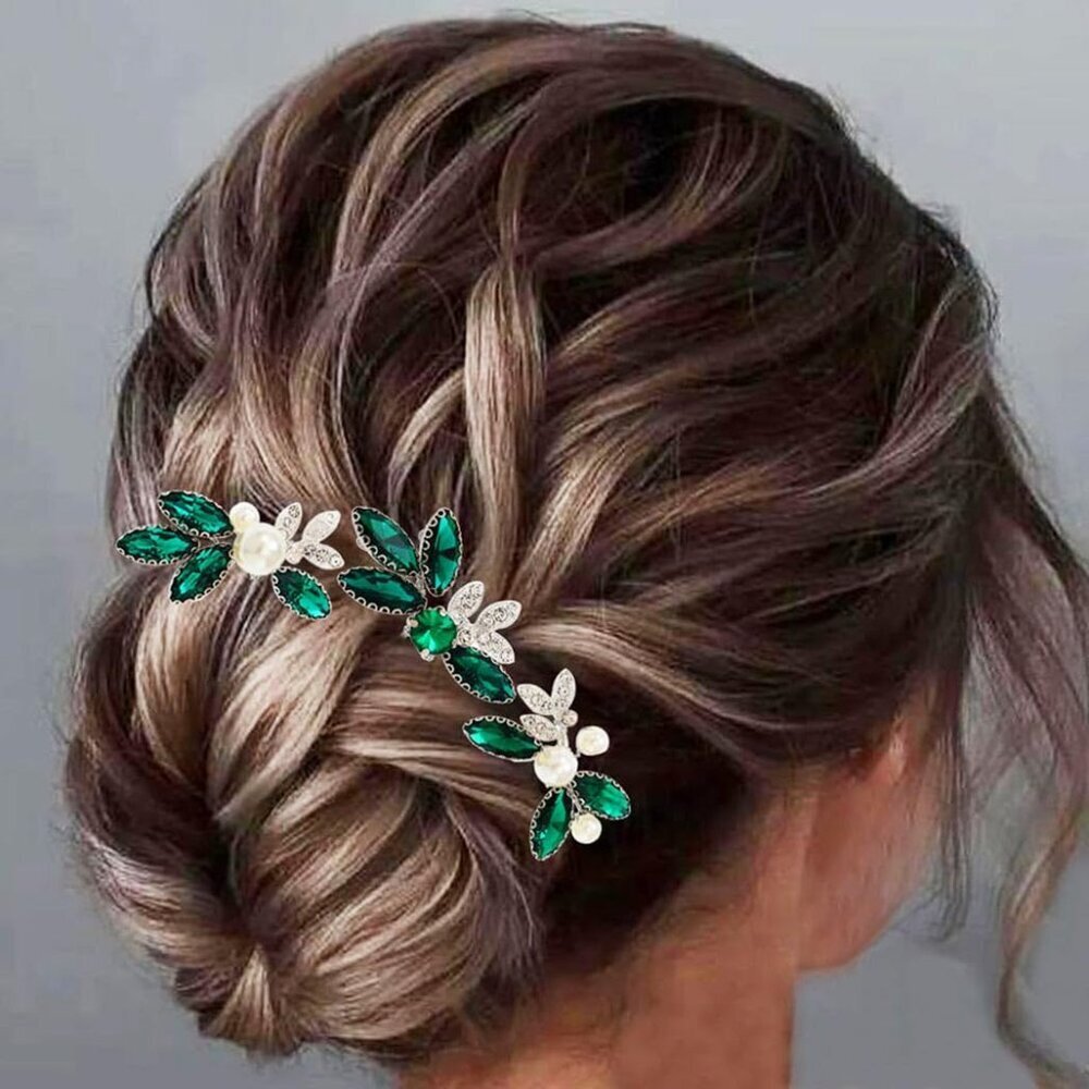 Wedding Hair Pins Silver Pearl Rhinestone Leaf Bridal Hair Accessories Pack of 3